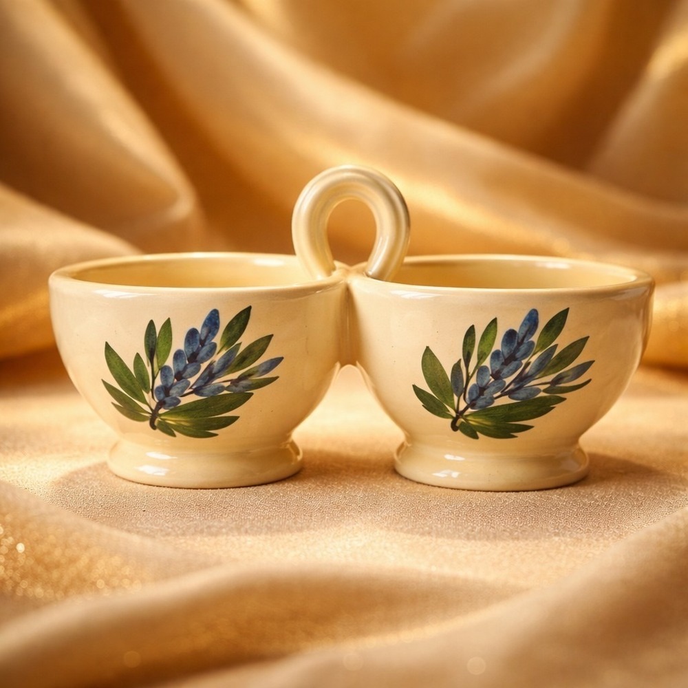 Vintage French Fait Main Pottery Salt Pepper/Condiment Dips Set Hand Painted